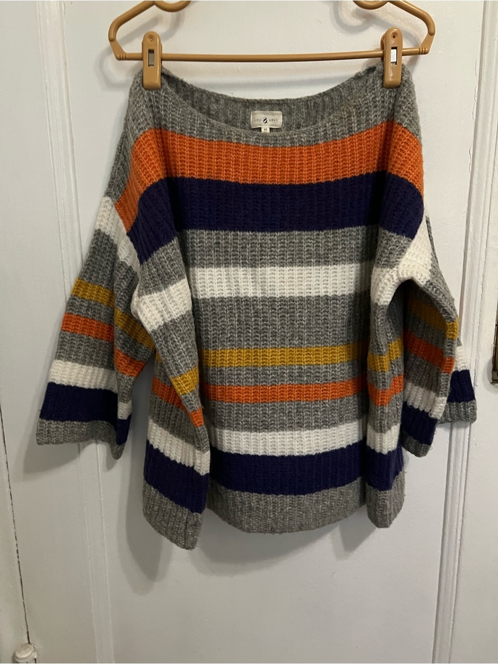 Lou & Grey Gray Striped Crewneck Sweater with Navy, Orange & Mustard